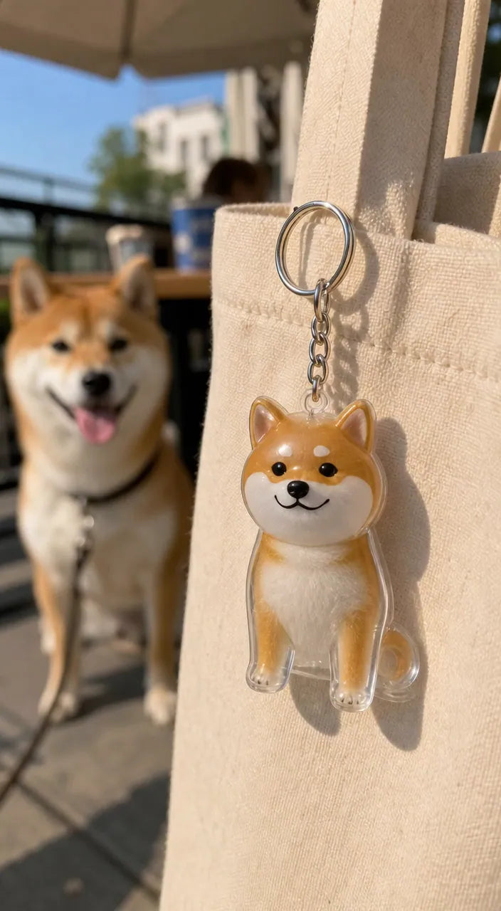 FurEver תלויה על תיק, והכלב ברקע